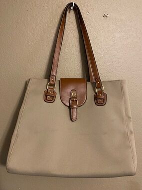 Etienne Aigner Canvas Tote Handbag with Brown Leather Trim & Key Chain